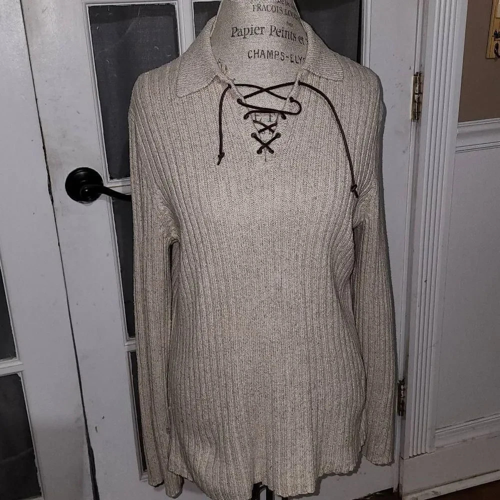 Lauren Ralph Lauren Womens Creme Silk Linen Blend Leather Tie Neck Sweater Large